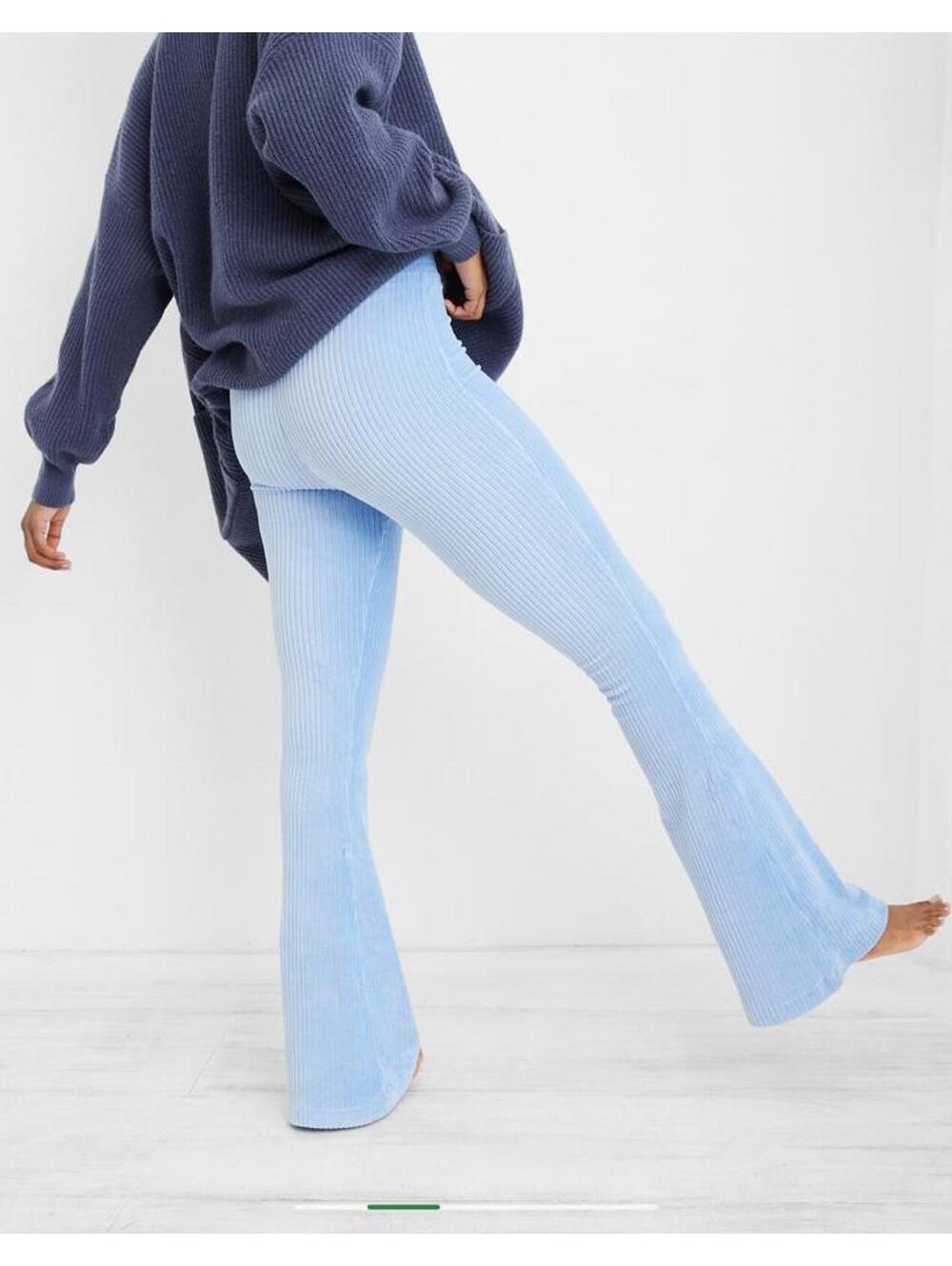 Aerie Groove On Sky Blue Velour Ribbed High Waisted Flare Pants Large - Picture 4 of 9